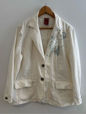 Olsen White Jean Single-Breasted Cotton Blazer with Subtle Graphic